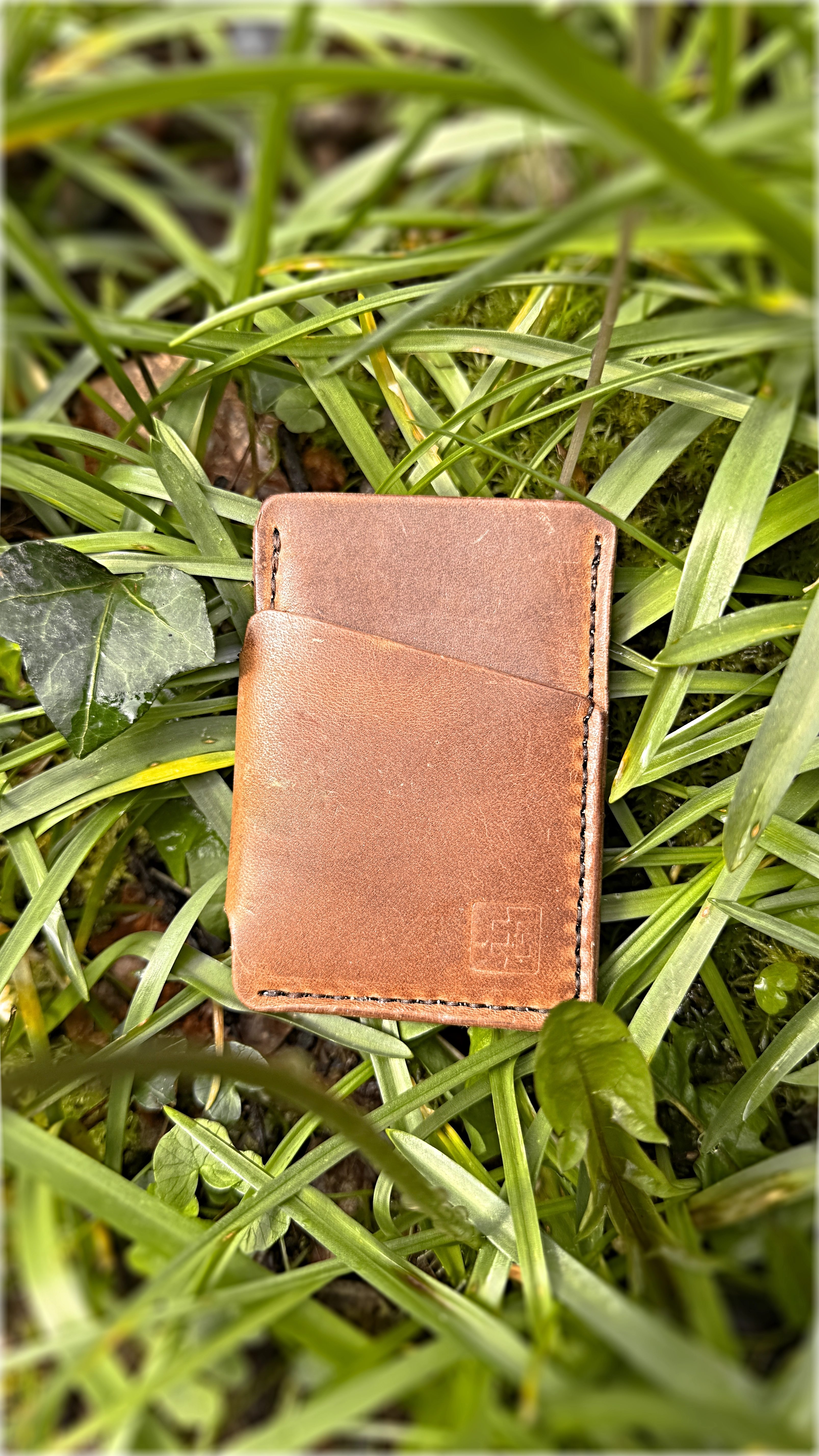 Brown leather wallet on grass