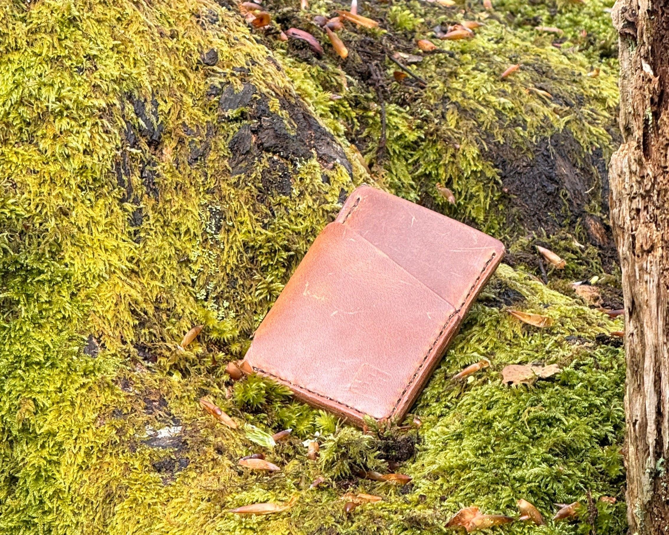 Brown leather wallet on a mossy log in a forest setting
