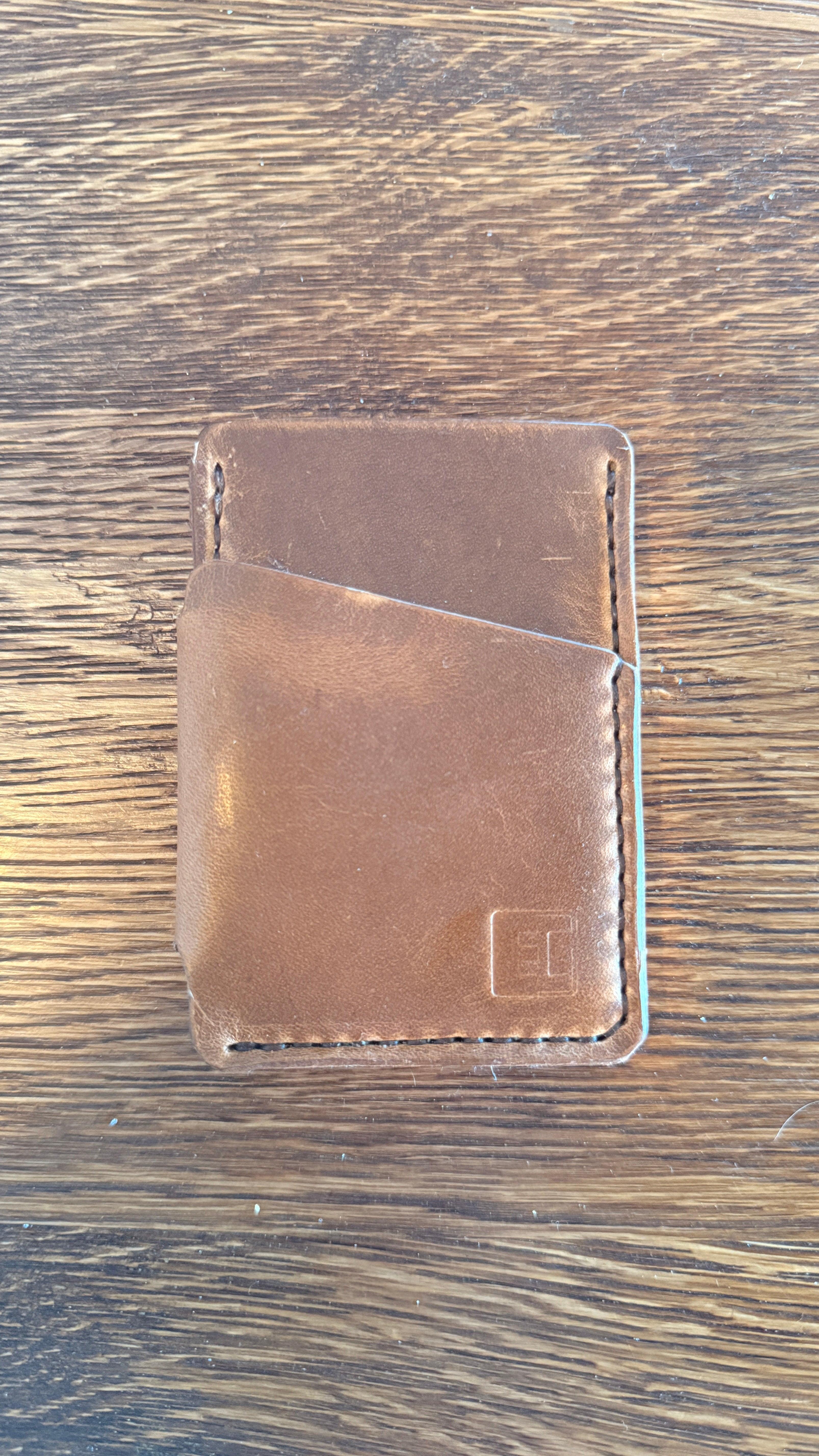 Brown leather wallet on a wooden surface